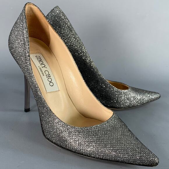 JIMMY CHOO Size 4 Silver Glitter Pointed Toe Stiletto Pumps - Picture 1 of 8